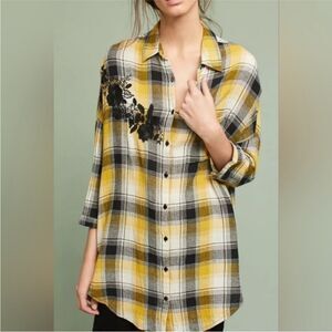 Anthropologie Maeve Embroidered Plaid Buttondown Oversized Tunic Shirt Size XS/S